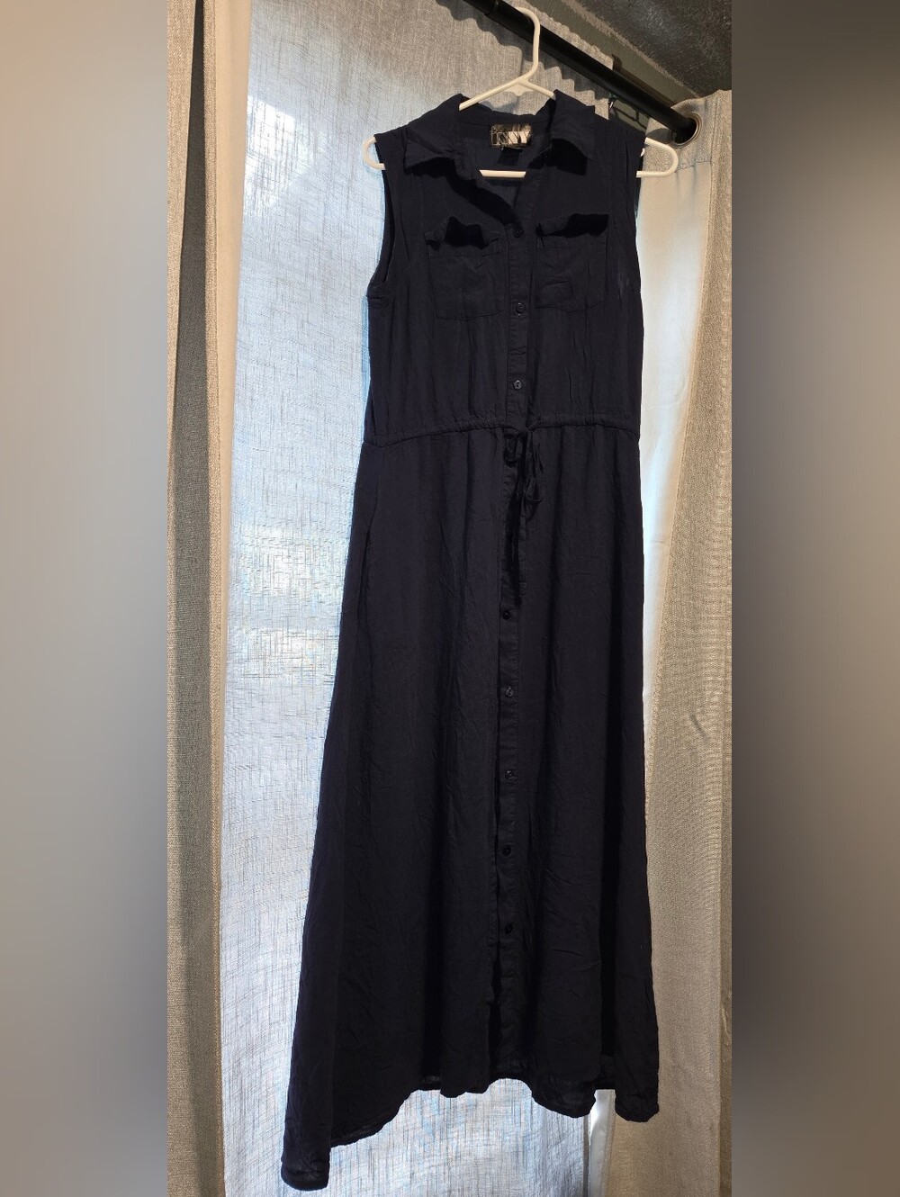 Sleeveless Navy Blue Button-Front Maxi Dress with Drawstring Waist